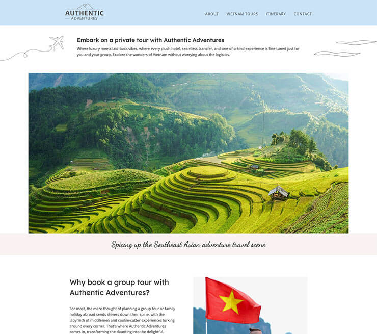 Home page of Authentic Adventures, showing copywriting by Make Words Work.