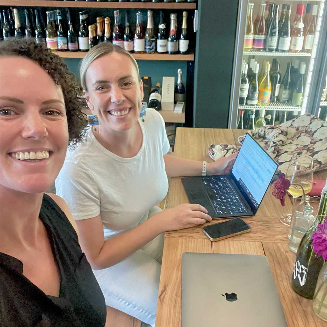 Renee Mariette and Rachel Clark at a wine bar in Healesville having a business meeting.